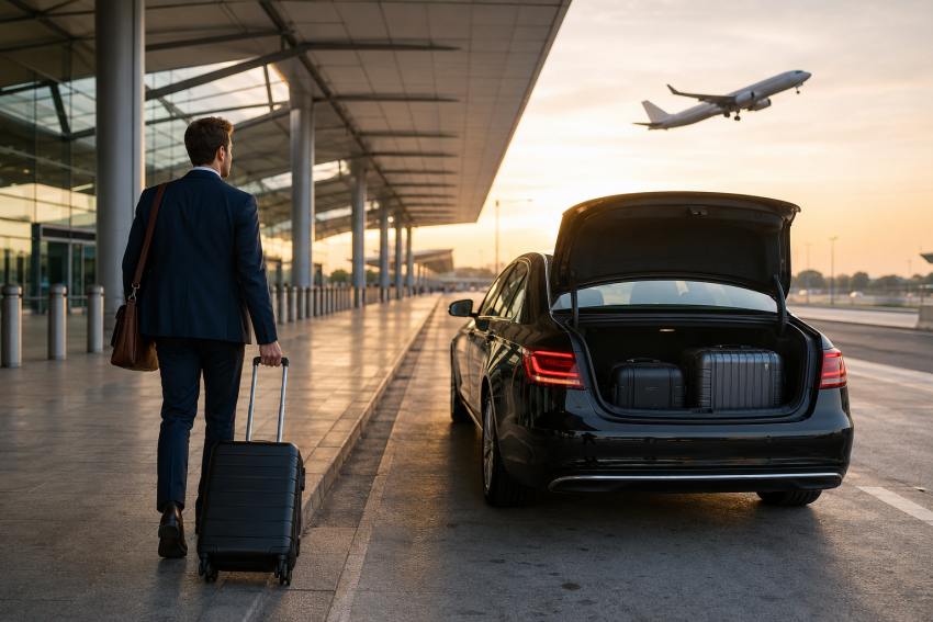 Professional airport taxi parked outside a modern airport terminal as a traveller pulls a suitcase toward the entrance, with an airplane taking off in the background, representing reliable and stress-free airport transfers.