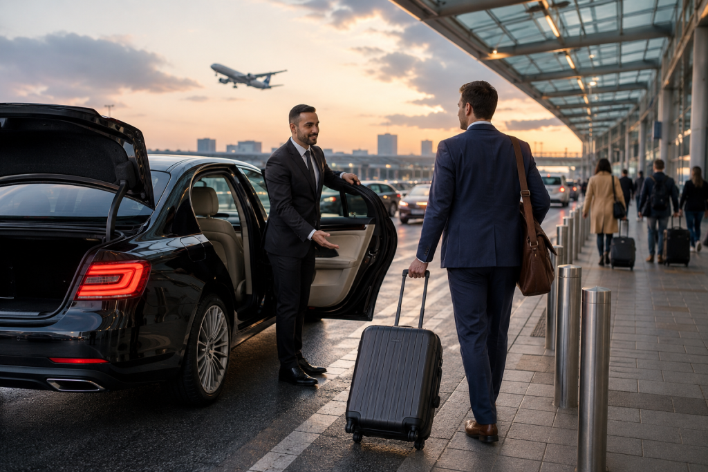 Professional East London minicab waiting for airport transfer passengers.