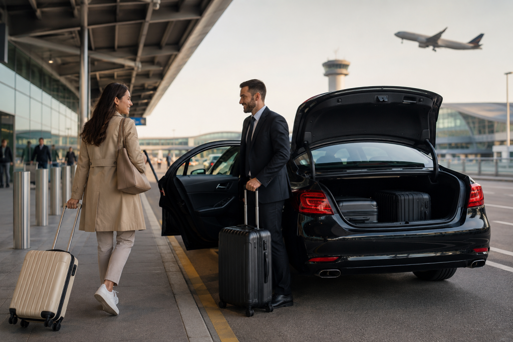 Private airport transfer with a traveler and luggage outside an airport terminal.