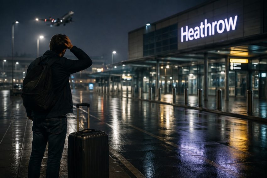 Traveller standing outside Heathrow Airport at night with luggage, waiting for an airport transfer after a midnight arrival.